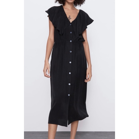 Zara Dresses & Skirts - ZARA Fillsens Women Large Dress Lyocell Button Front Short Sleeve Ruffle Black